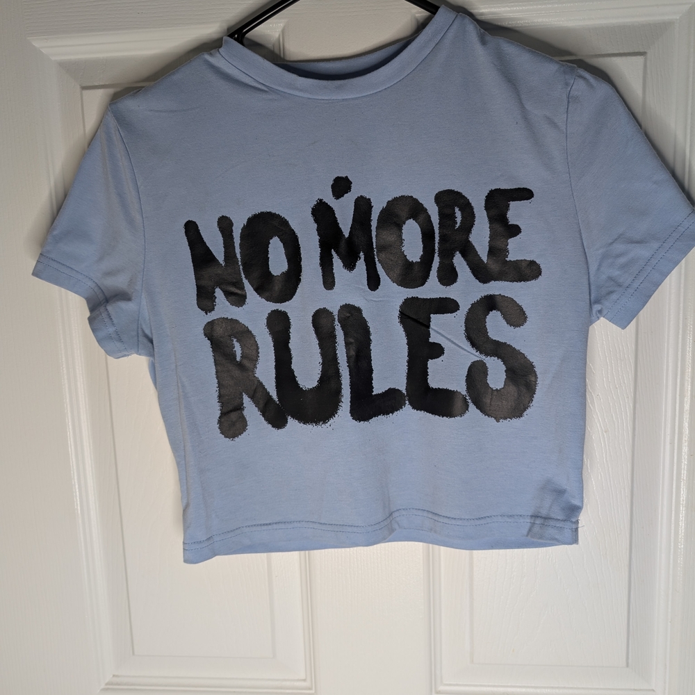 SHEIN Light Blue Crop Top with Bold Black Print